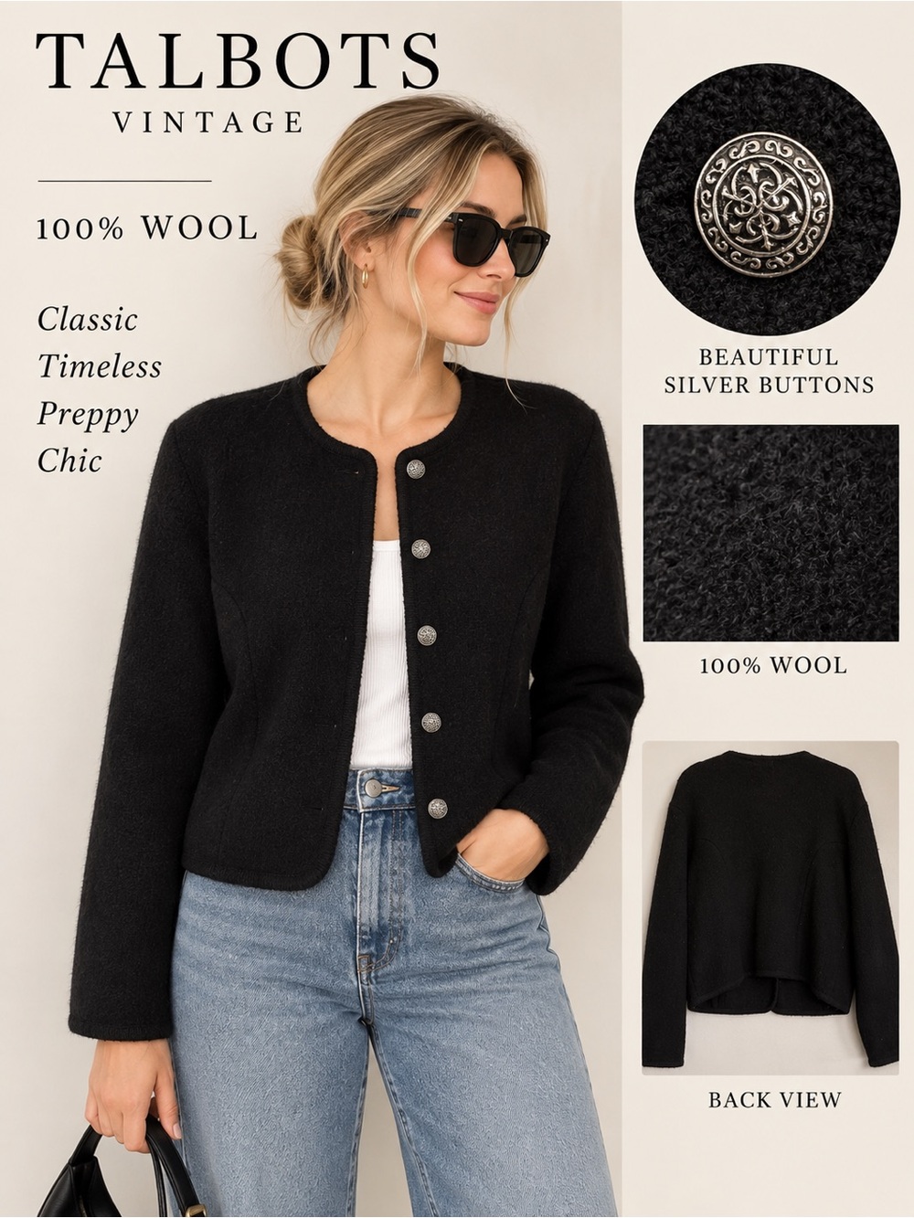 Vintage Talbots 100% Wool Black Cardigan Sweater Jacket Silver Buttons 14